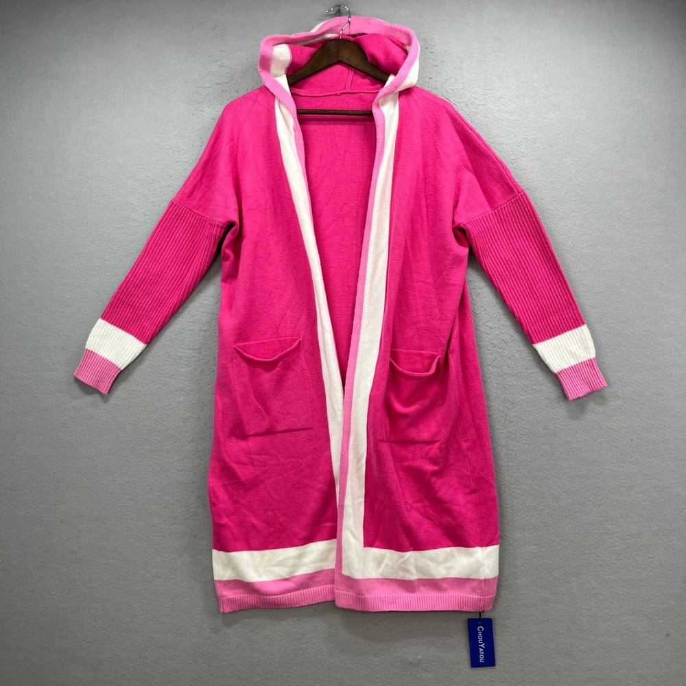 Chouyatou Duster Cardigan Robe Women M Pink Hooded Open Longline Sweater New